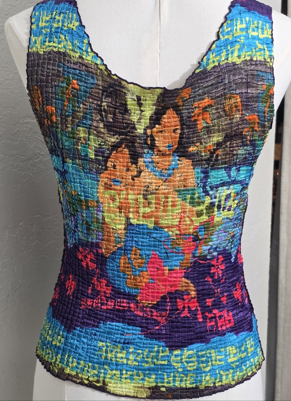 Vintage 90s Popcorn Top Gauguin Art Print Crinkle Stretch Tank Y2K Rare M - Picture 11 of 13